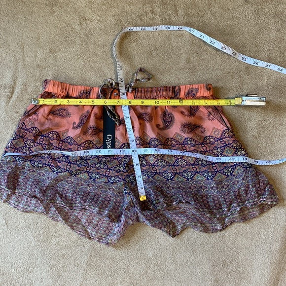 GYPSY05 Boho,100%Silk Sheer Paisley Drawstring Waist Pocket Shorts - Picture 5 of 17